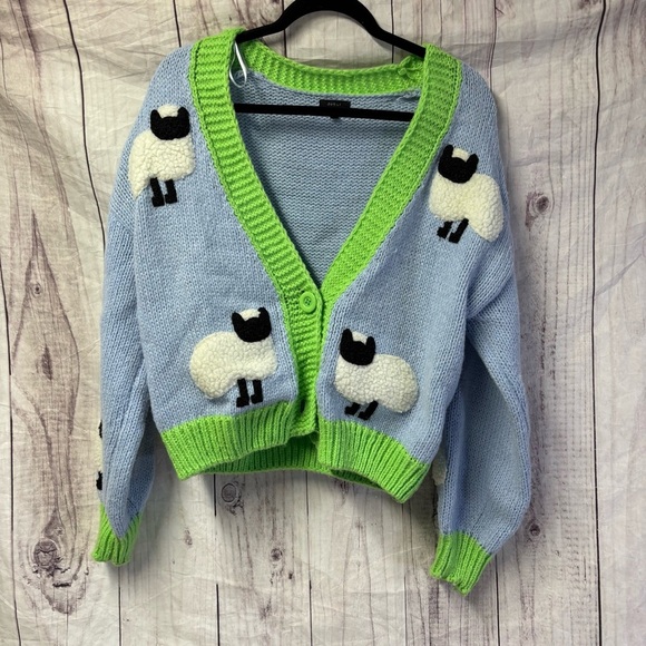 Vintage Sweaters - Women's Blue and Green Sheep Embroidered Knit V-Neck Cardigan Sweater Small